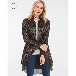 CHICO'S Petite Floral Feminine Jacket Size Green Silver Ruffle Open Front Size 3